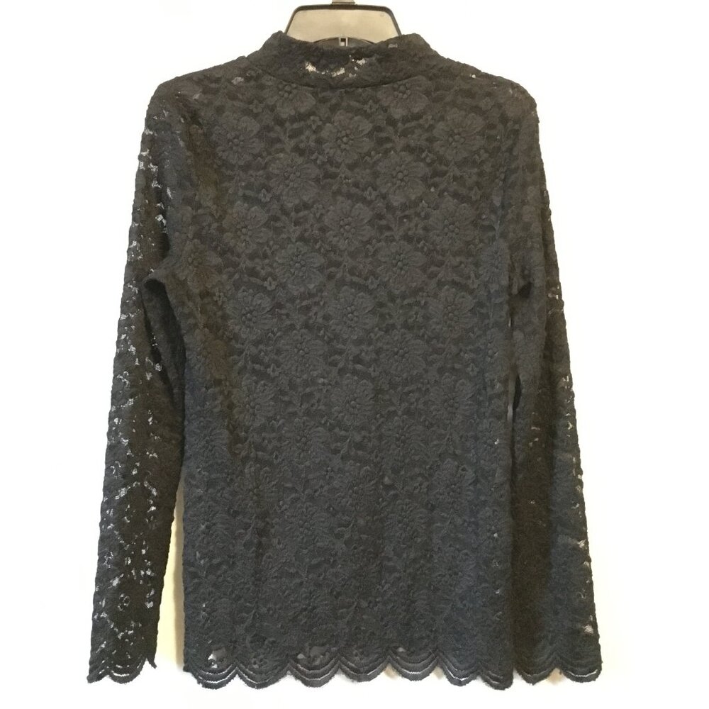 Gothic Dark Coquette Lacy Black Mock Neck Scallop Hem Top - M